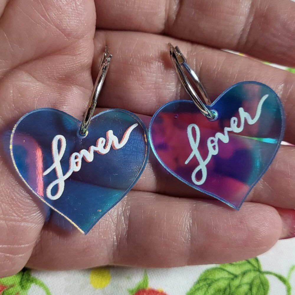 Blue "Lover" Reflective Heart Shaped Acrylic Earrings